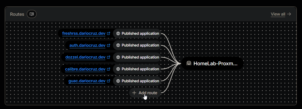Screenshot of the Cloudflare dashboard showing public hostnames for the tunnel